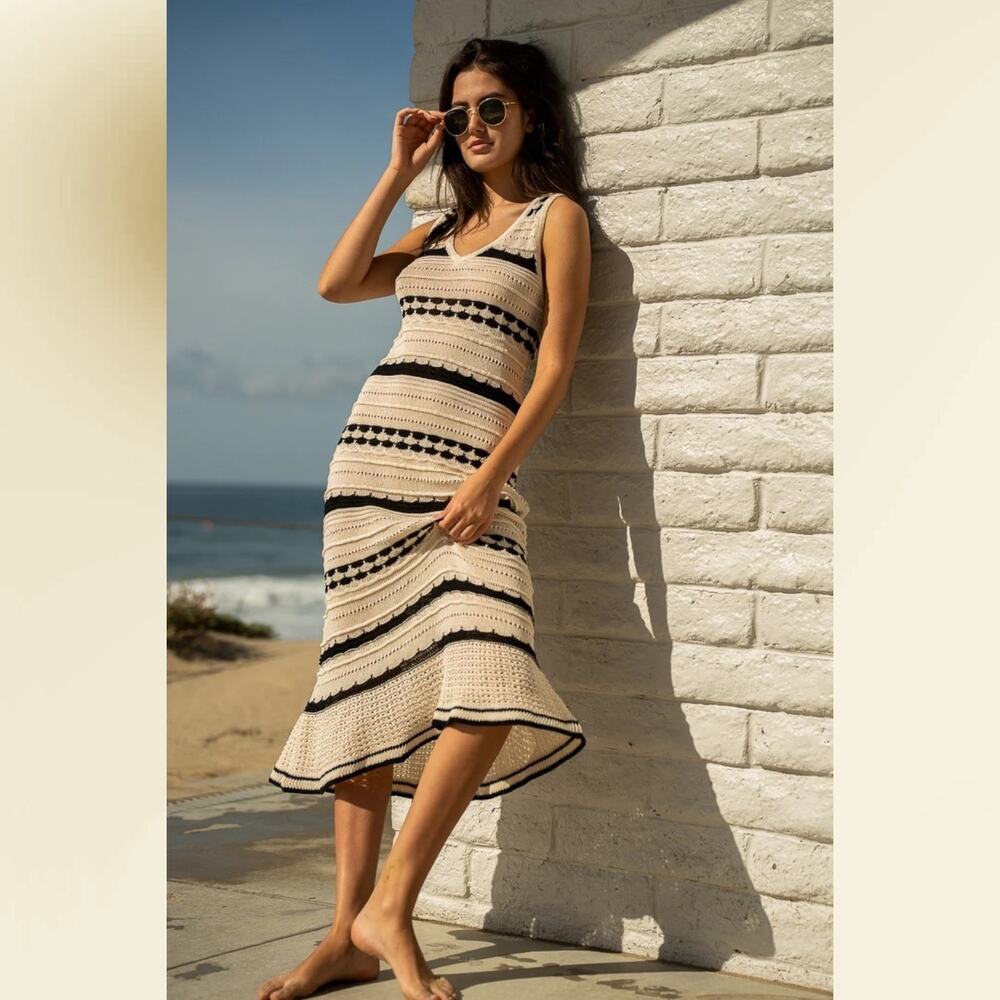 New $249 JOIE Crochet Knit Midi Dress Sleeveless Striped Ivory Cottagecore Chic